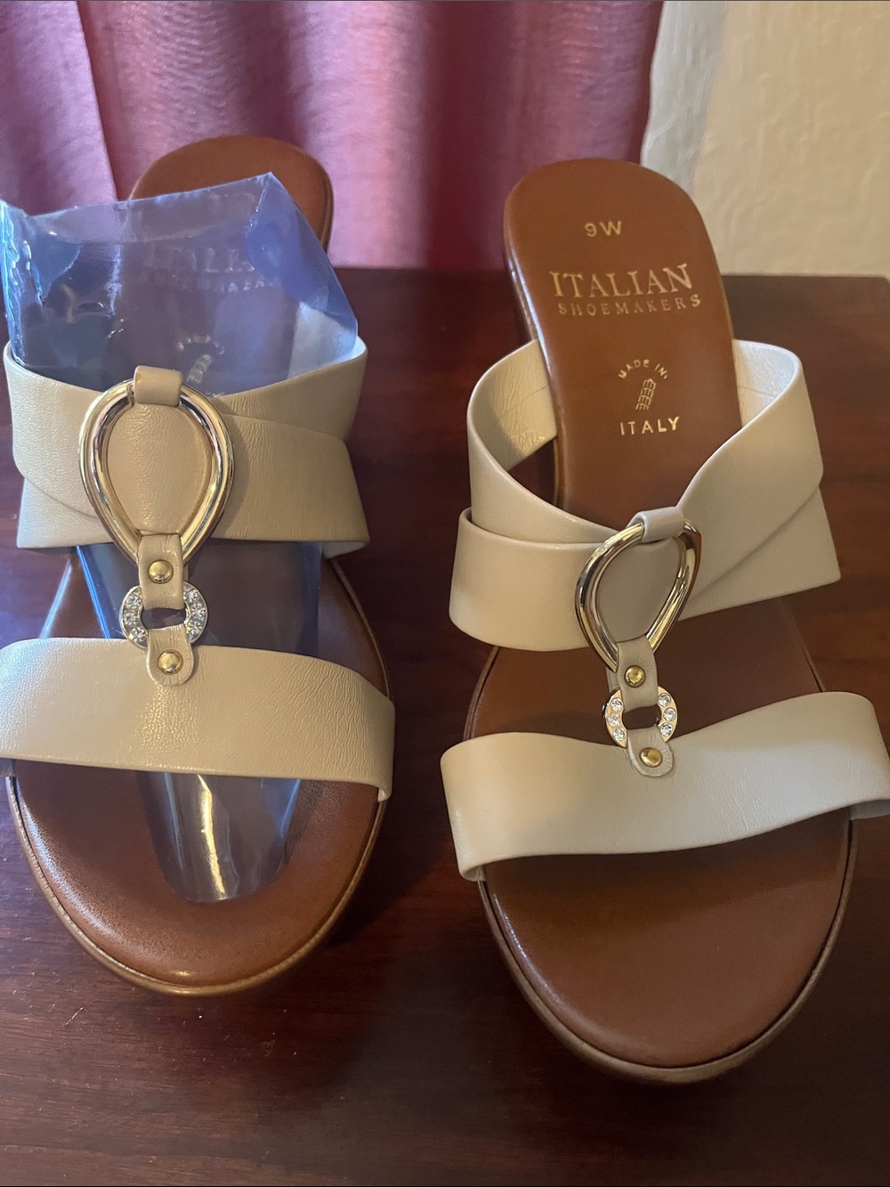 Italian Shoemakers Cream Slide Mules with Gold Accents